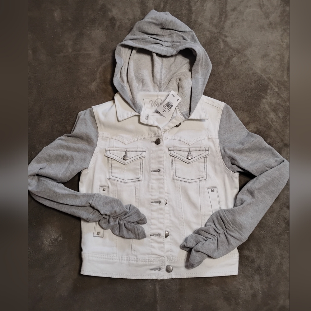Vanity Stretch Denim White Jean Jacket Hooded Gray Fleece Hoodie S $55 NWT